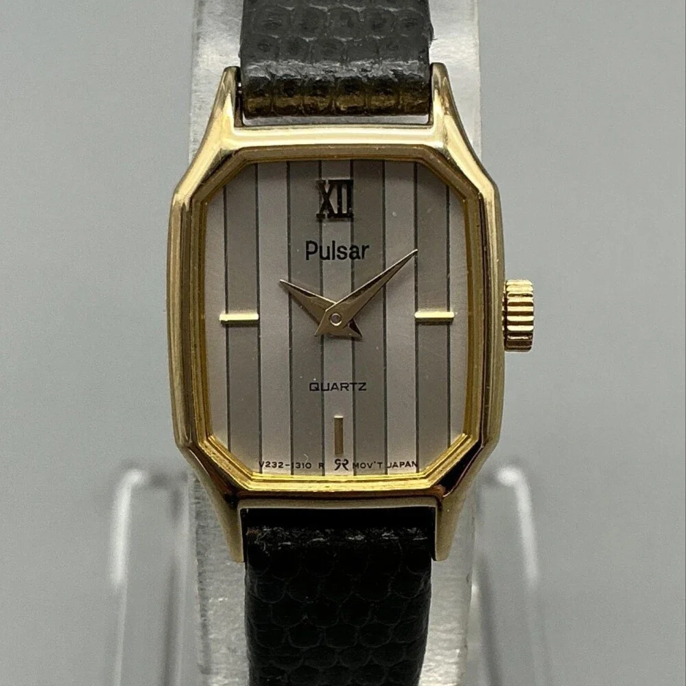 Pulsar V232-5810 Womens Watch 17mm Silver Gold Tone Black Leather New Battery